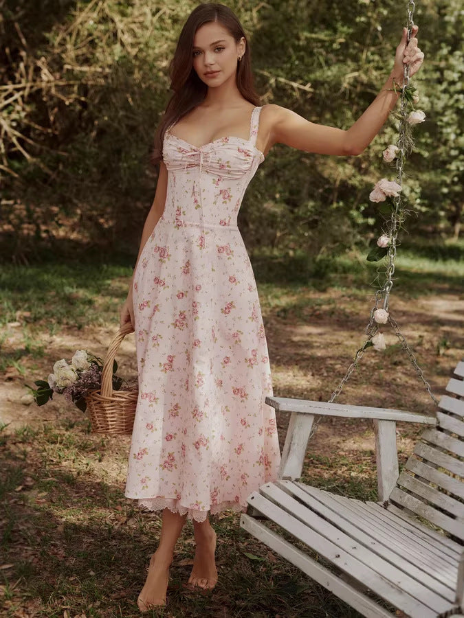 Vestido midi floral con cuerpo corsé