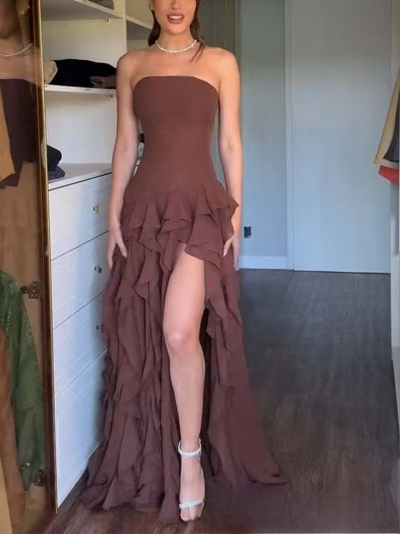 Vestido largo palabra de honor con volantes