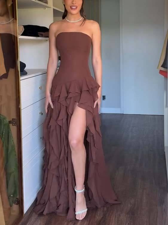 Vestido largo palabra de honor con volantes