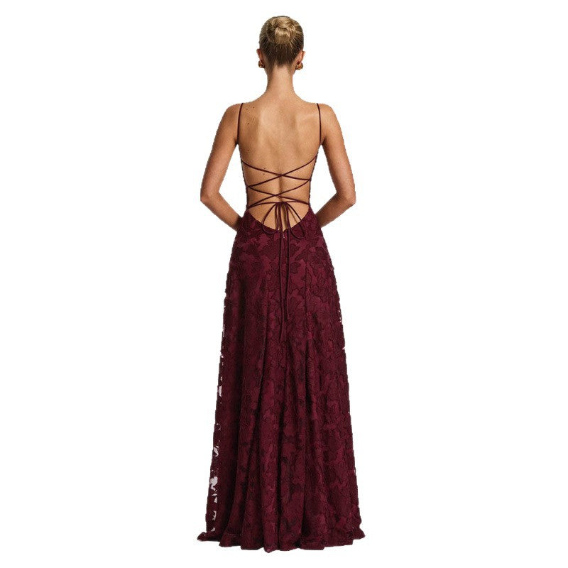 Vestido largo jacquard burdeos