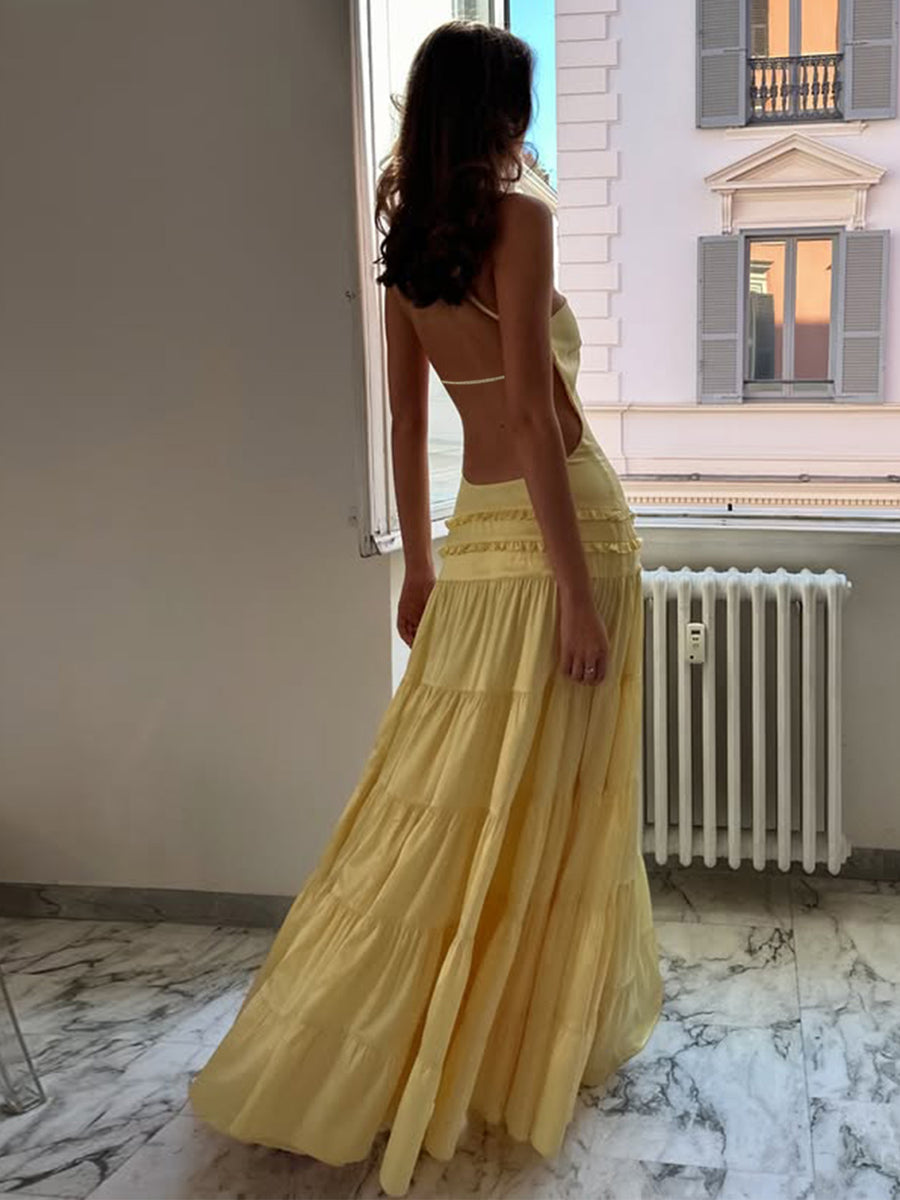 Vestido largo con falda de volantes