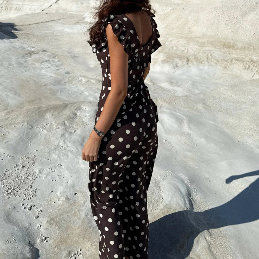 Vestido largo de lunares con volante