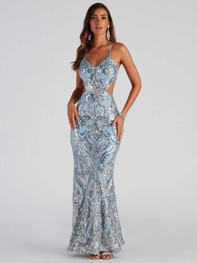 Vestido largo bordado con lentejuelas