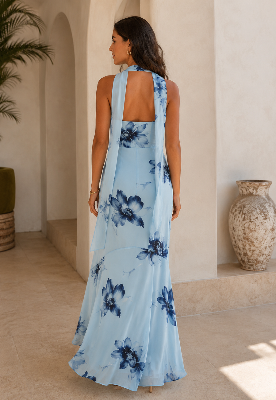 Vestido largo floral con pañuelo