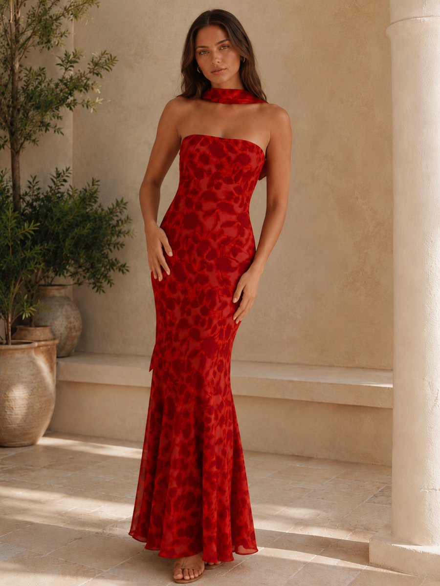 Vestido largo estampado con pañuelo
