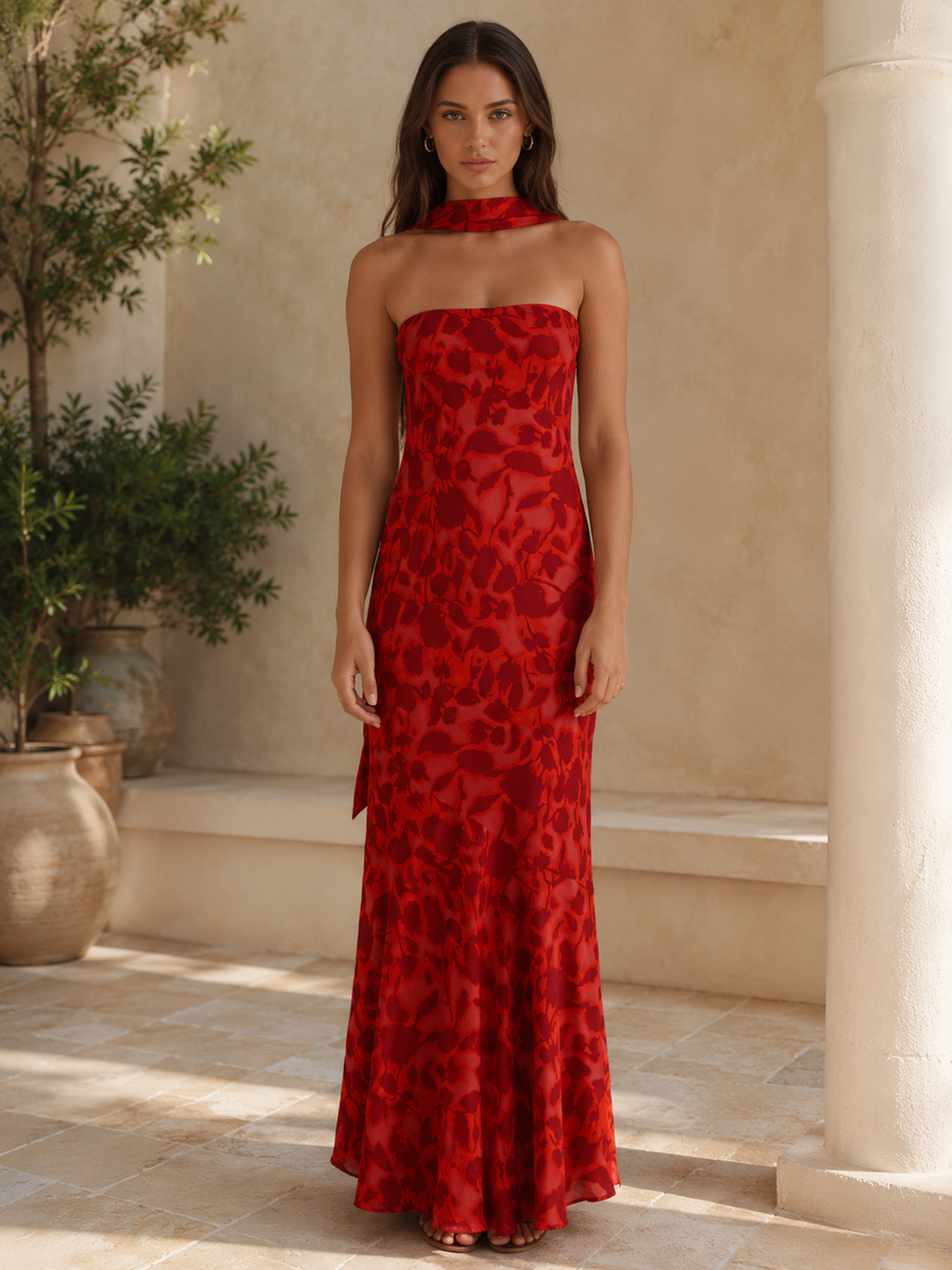 Vestido largo estampado con pañuelo