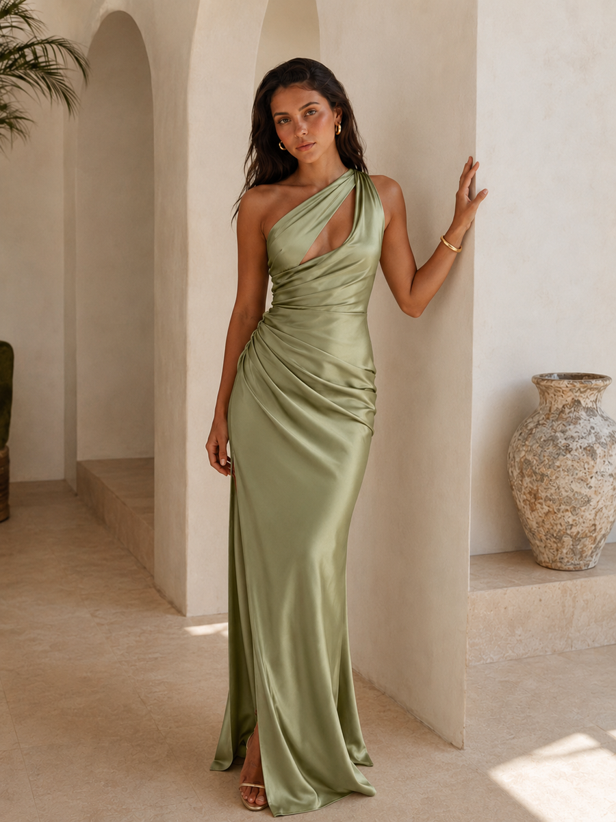 Vestido largo satinado con escote asimétrico