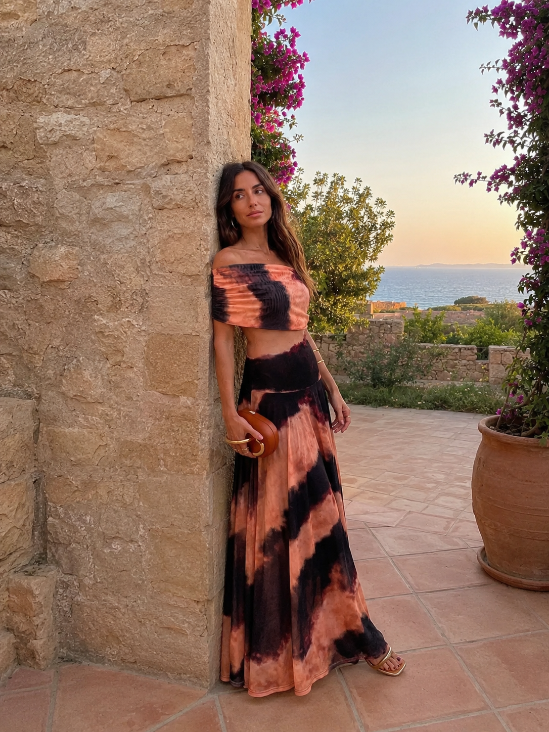 Vestido largo estampado con escote bardot