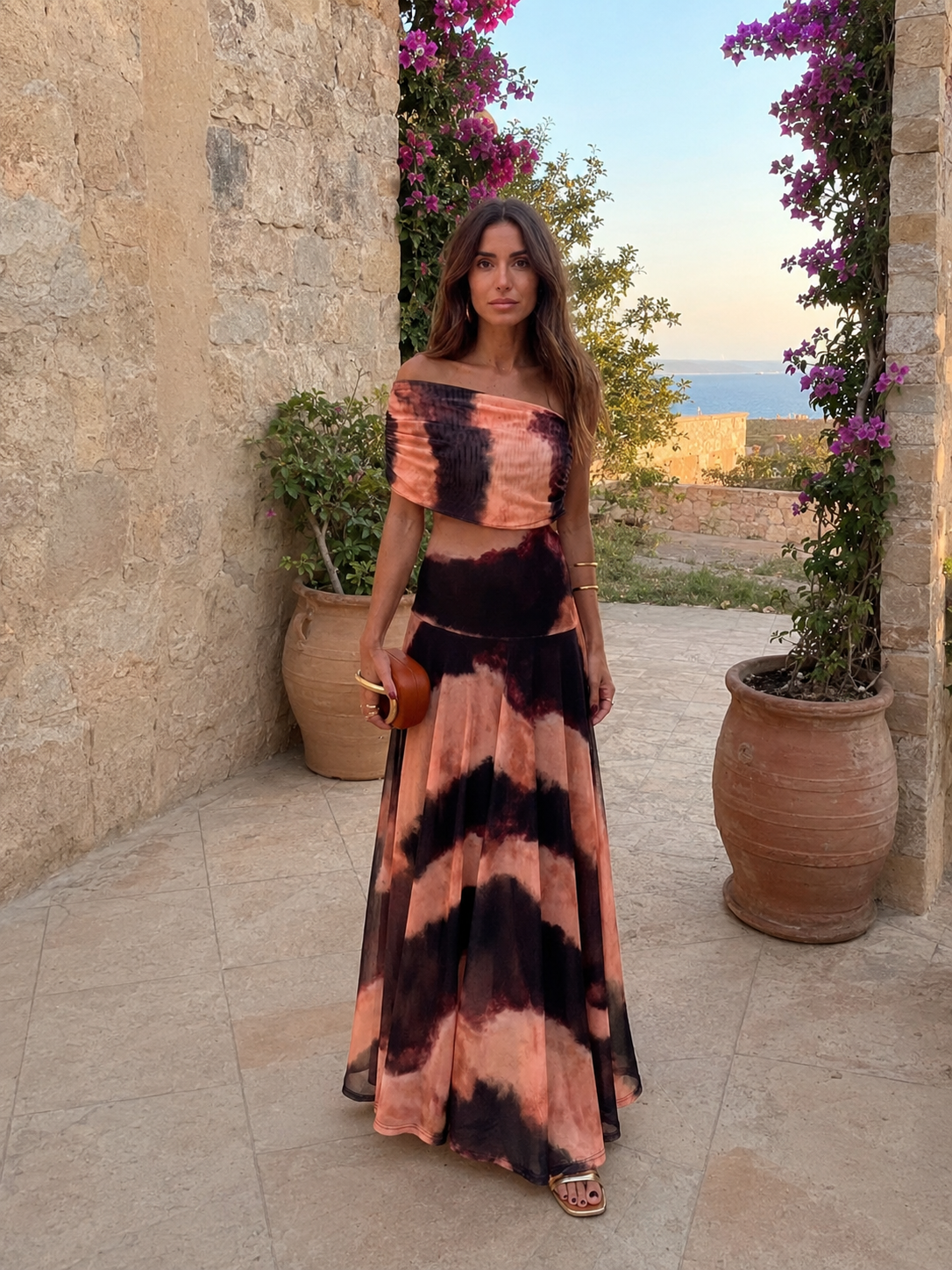 Vestido largo estampado con escote bardot