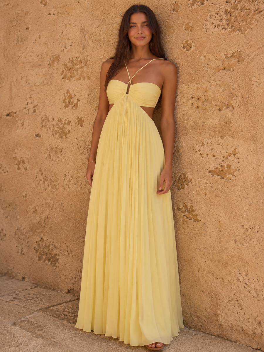 Vestido largo plisado con escote cruzado