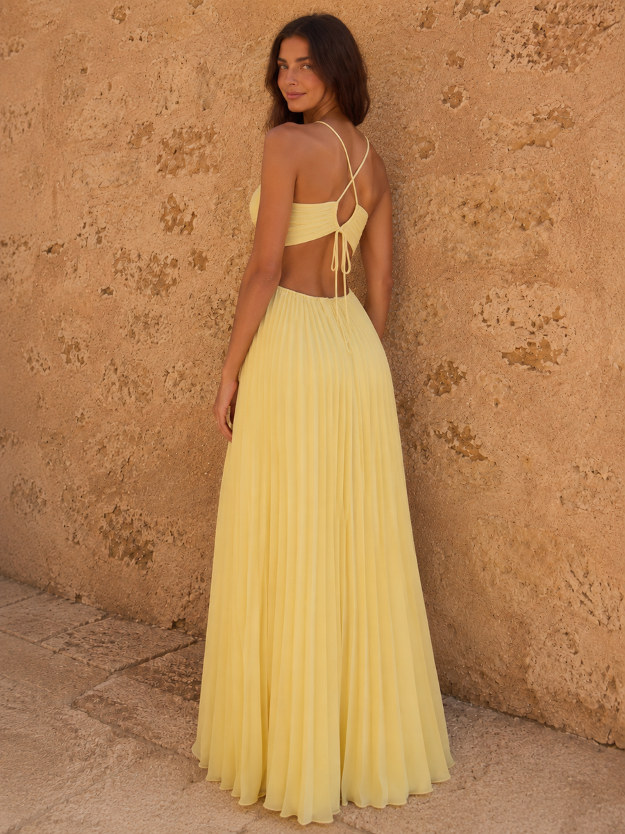 Vestido largo plisado con escote cruzado