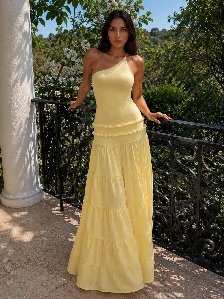 Vestido largo con falda de volantes