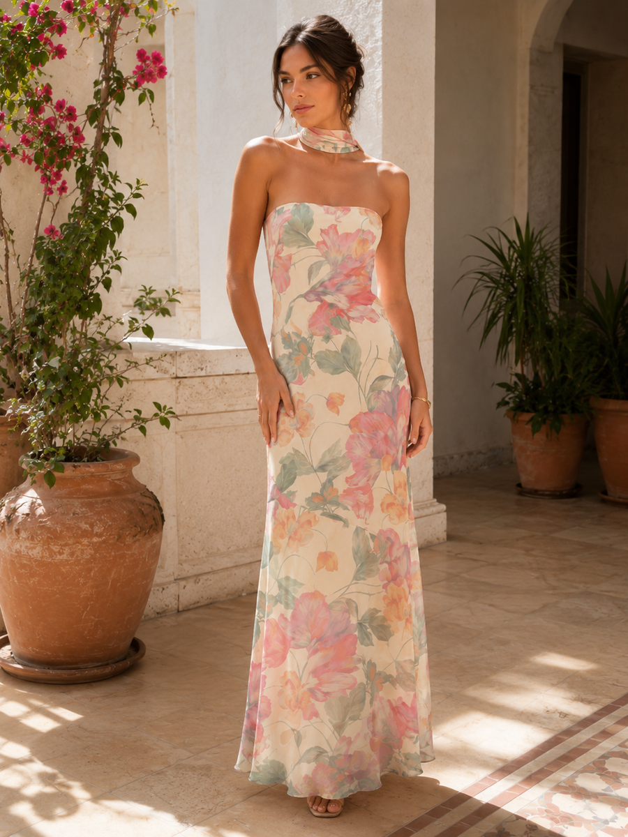 Vestido largo floral con pañuelo