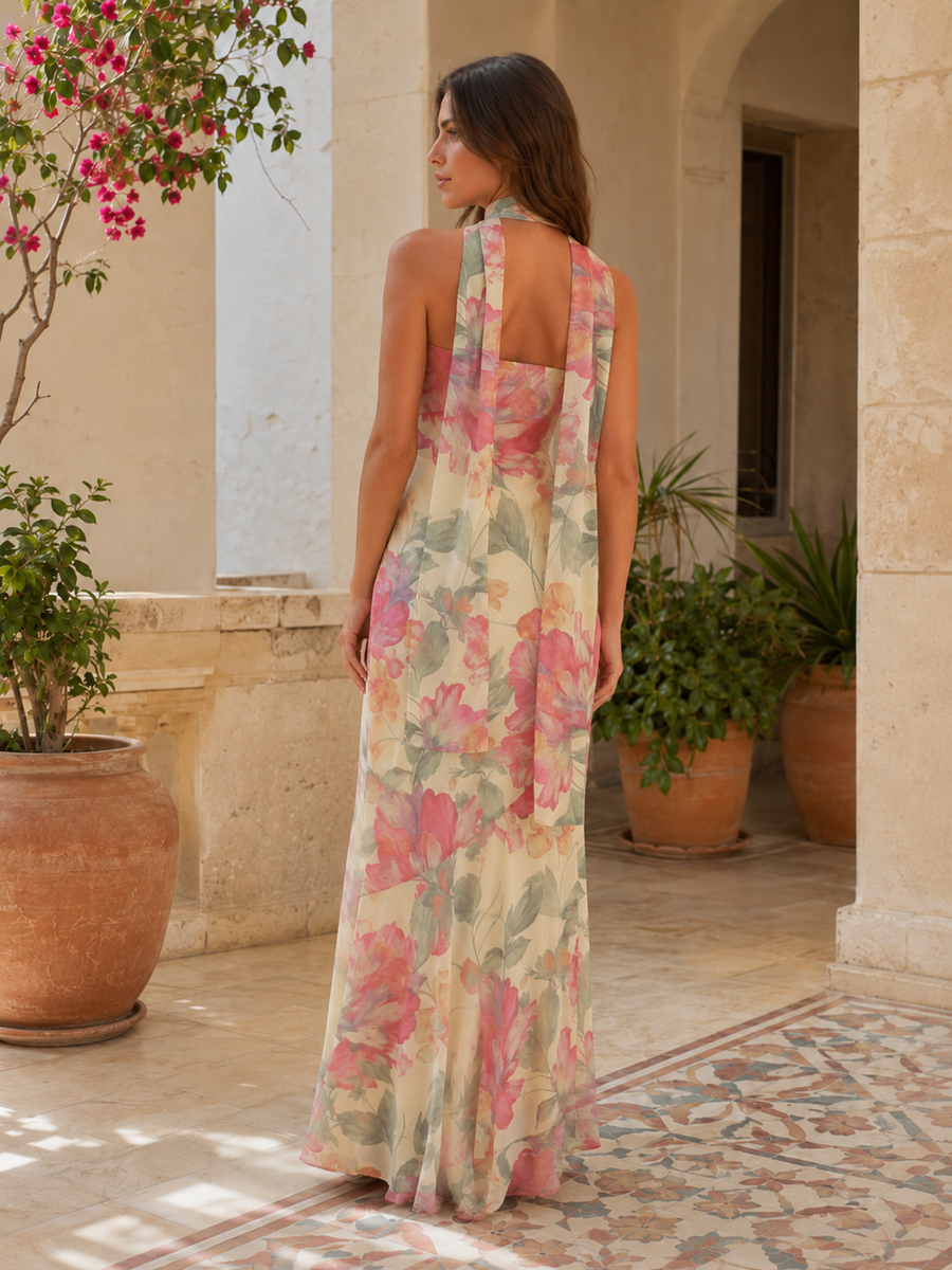 Vestido largo floral con pañuelo