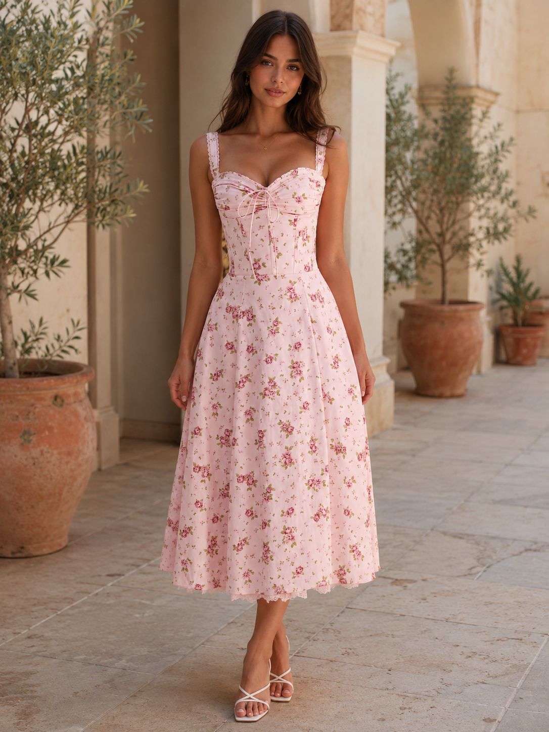 Vestido midi floral con cuerpo corsé