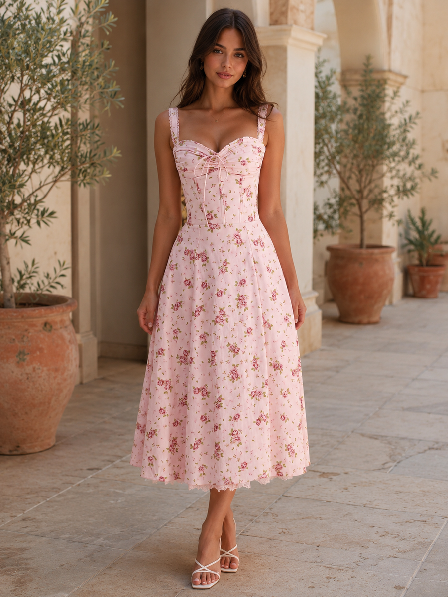 Vestido midi floral con cuerpo corsé