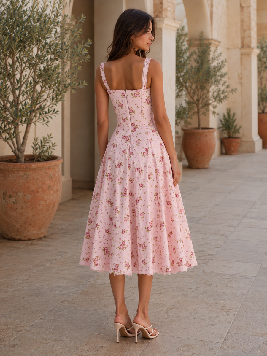 Vestido midi floral con cuerpo corsé