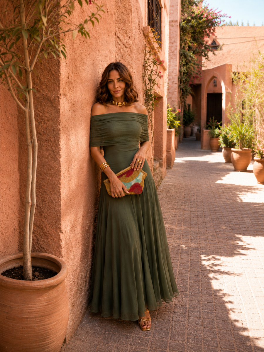 Vestido largo con escote bardot verde