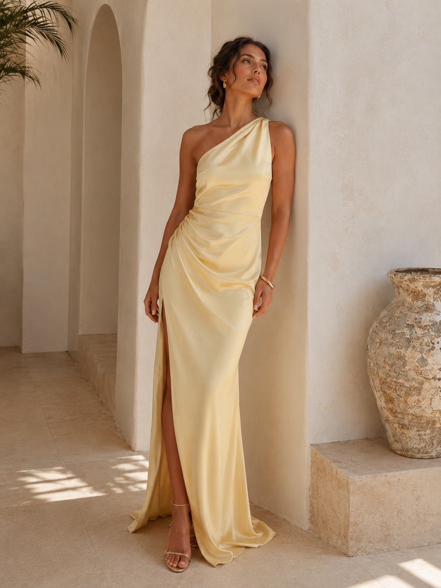 Vestido largo asimétrico satinado