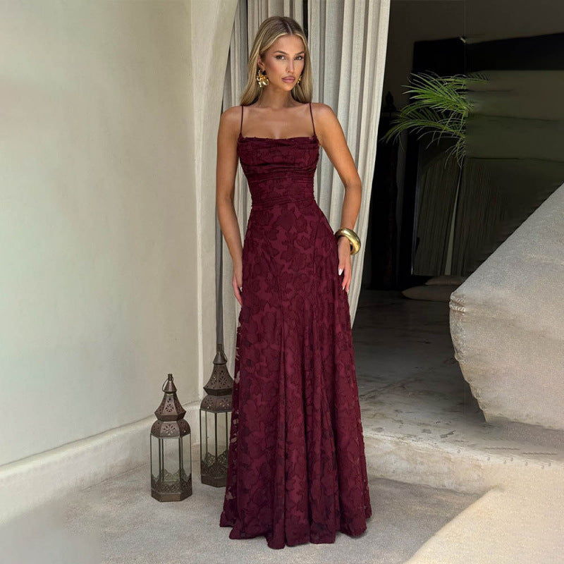 Vestido largo jacquard burdeos