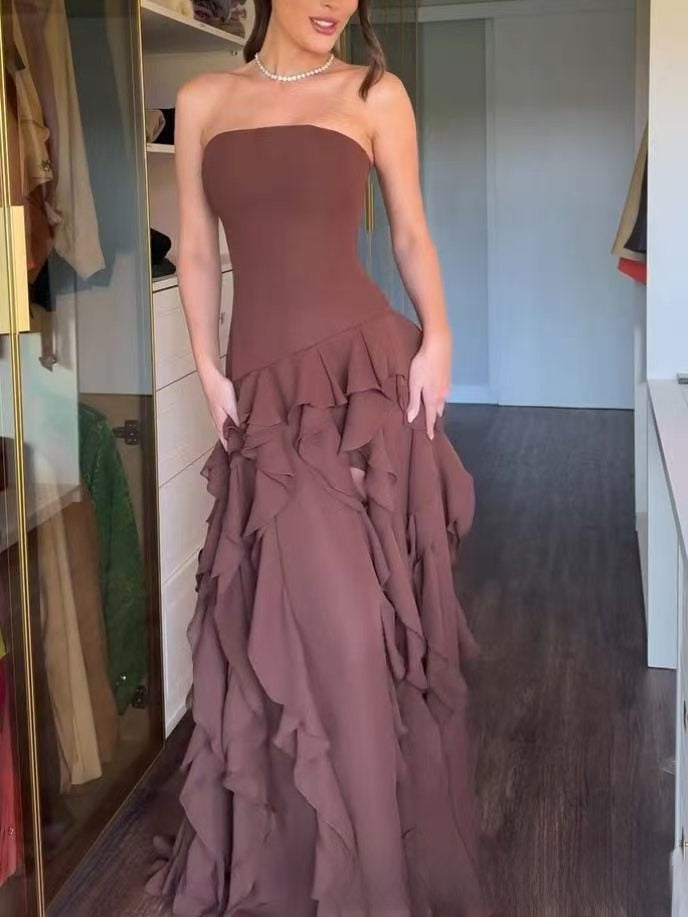 Vestido largo palabra de honor con volantes