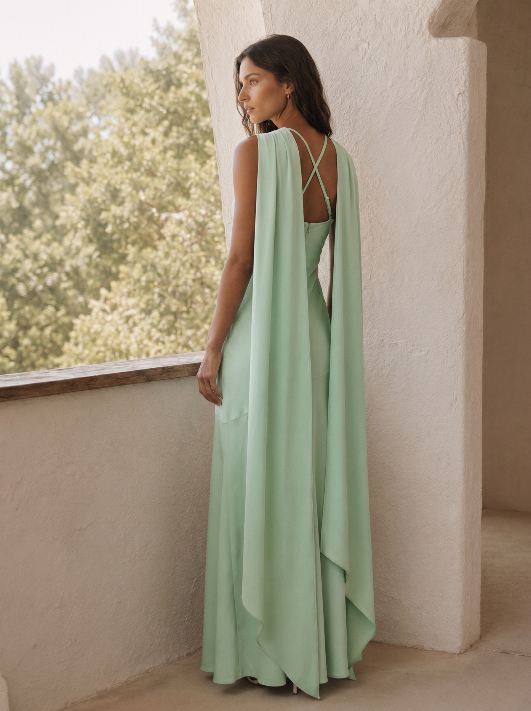 Vestido largo con capa cruzada