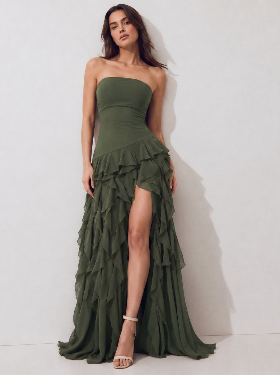 Vestido largo palabra de honor con volantes