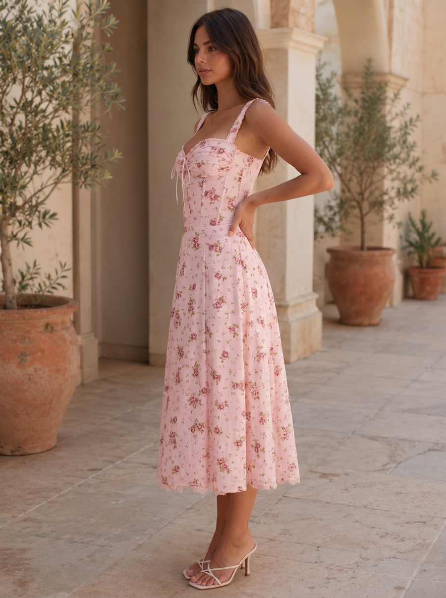 Vestido midi floral con cuerpo corsé