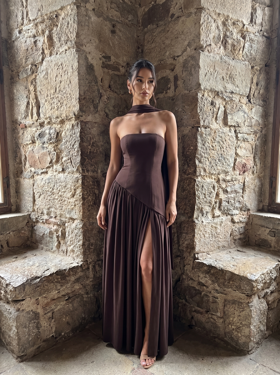 Vestido largo asimétrico con pañuelo