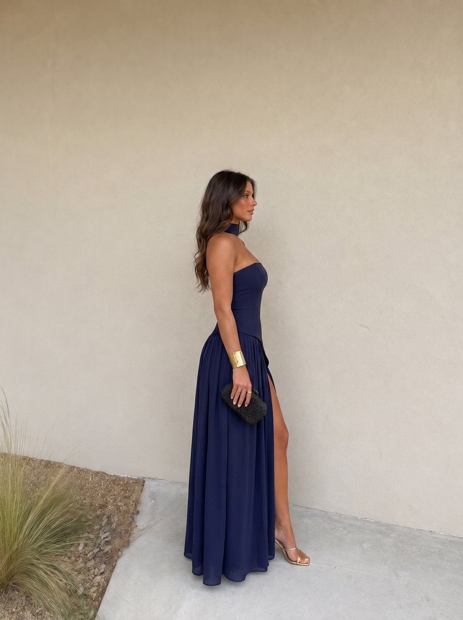 Vestido largo asimétrico con pañuelo