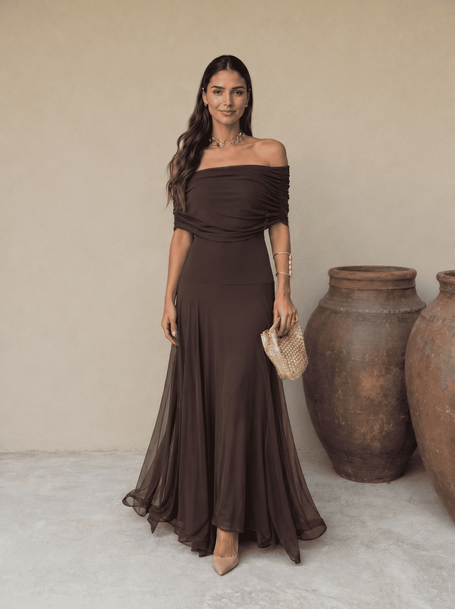 Vestido largo con escote bardot marrón